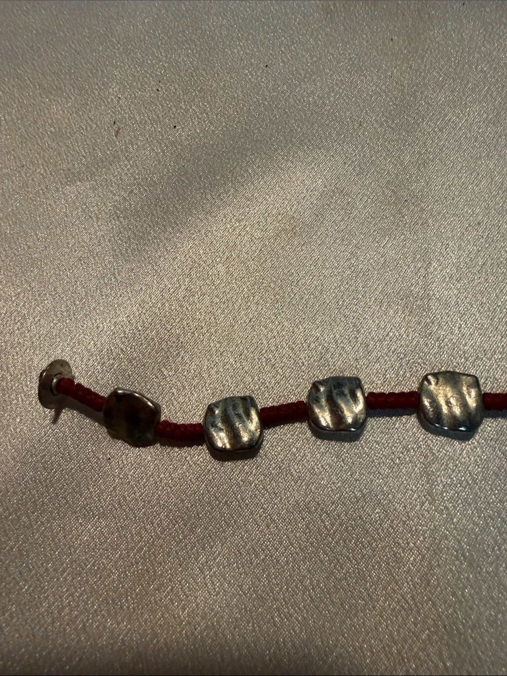 Source Unknown Red Cord Bracelet with Chunky Silver Beads
